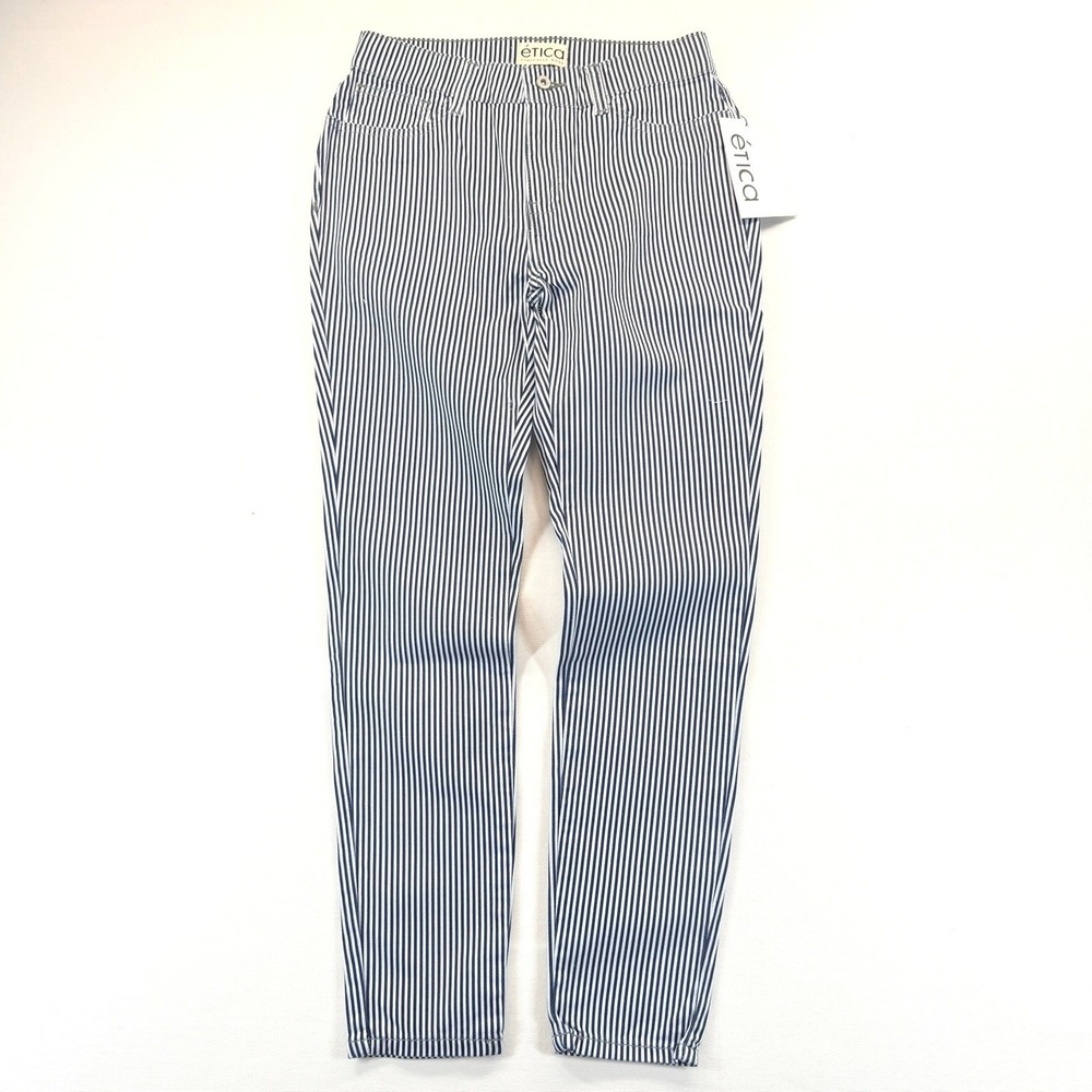 NEW Etica Blue White Pinstripe Skinny Jeans Women's Size 4 Cotton Denim